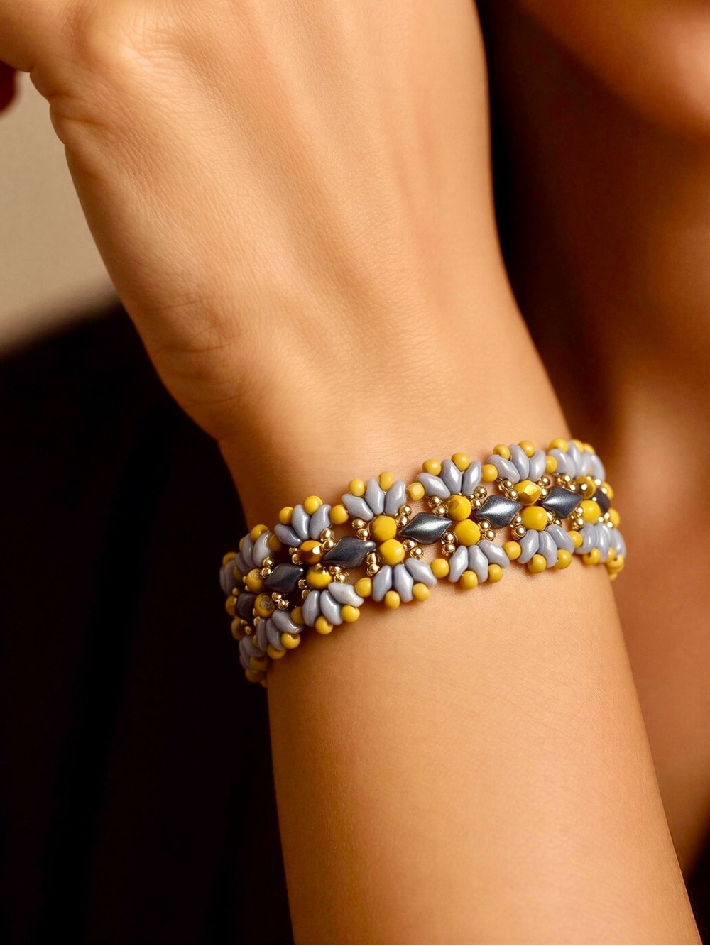 Mustard & Light Blue Beaded Floral Bracelet - Women's Fashion Jewelry